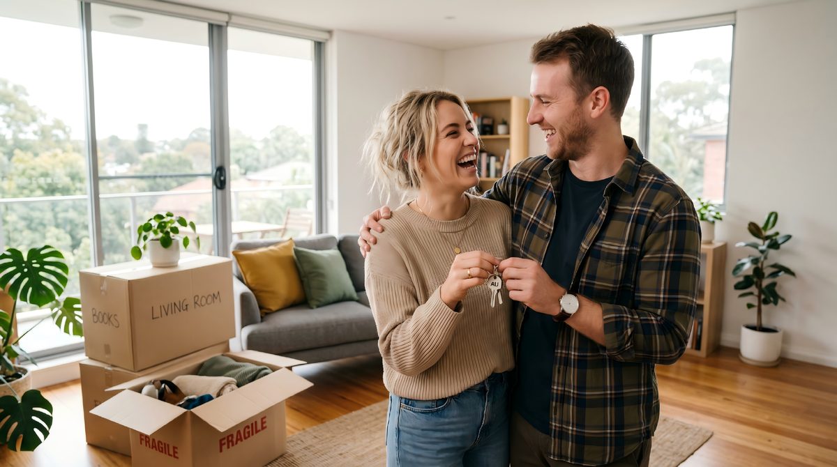 Happy first home buyers with keys